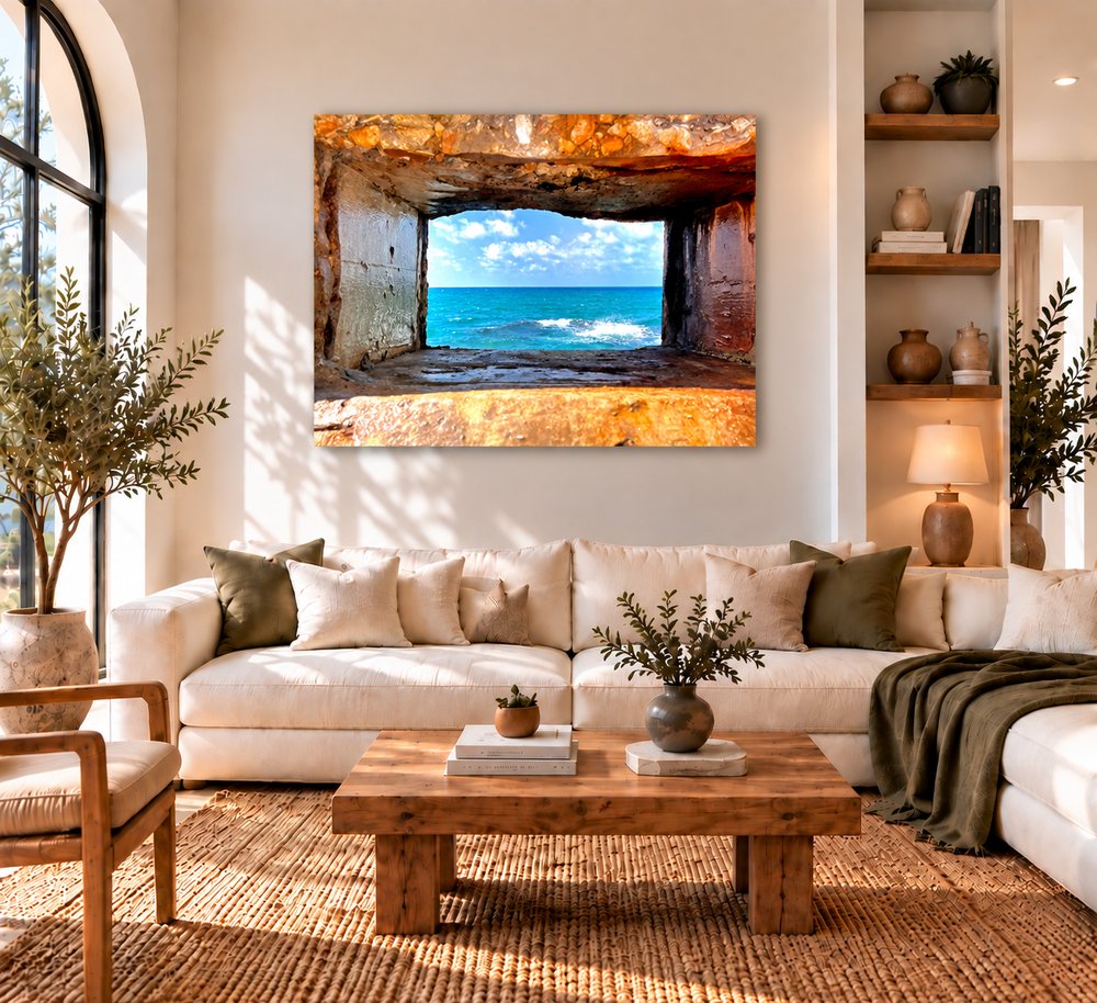 Stone Window On The Sea In Living Room – photographie d'art mise en situation, Kiko Art Photography by Valérie Zarka