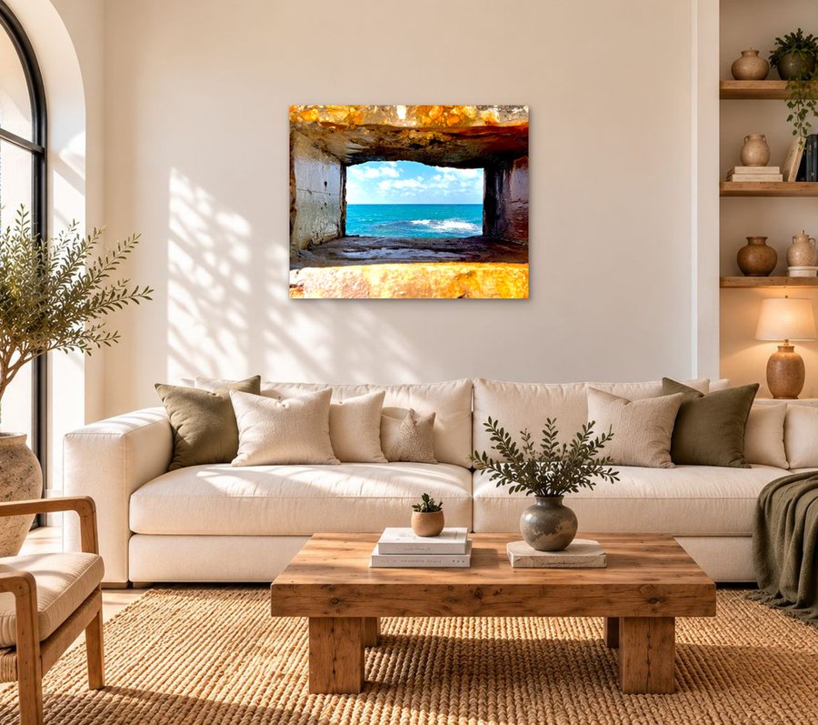 Photographie Kiko Art au format 80 × 100 cm au-dessus d'un canapé